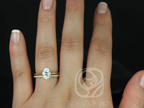 1.50ct Skinny Lois 8x6mm & Romani 14kt Moissanite Diamond Oval Solitaire Bridal Set - Rosados Box