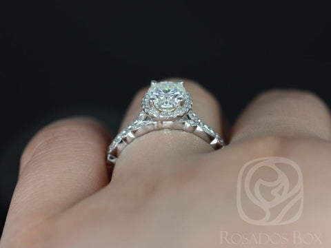 1.50cts Rebecca 8x6mm & Gwen 14kt White Gold Moissanite Diamond Dainty Micropave Oval Halo Bridal Set