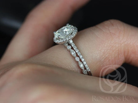 1.50cts Rebecca 8x6mm & Gwen 14kt White Gold Moissanite Diamond Dainty Micropave Oval Halo Bridal Set