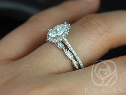 1ct Tabitha 8x5mm & Ember 14kt Gold Moissanite Diamonds Twisted Pear Halo Bridal Set - Rosados Box