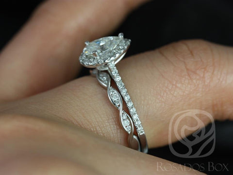 1ct Tabitha 8x5mm & Ember 14kt Gold Moissanite Diamonds Twisted Pear Halo Bridal Set - Rosados Box