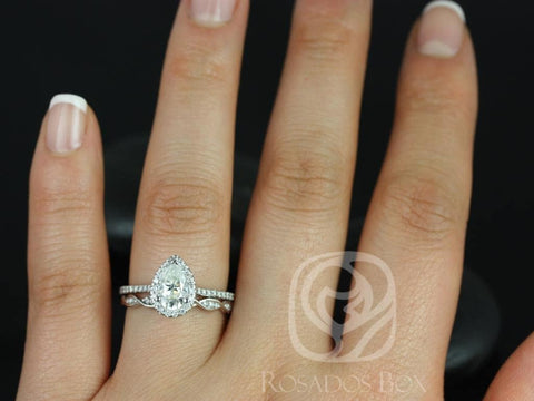 1ct Tabitha 8x5mm & Ember 14kt Gold Moissanite Diamonds Twisted Pear Halo Bridal Set - Rosados Box