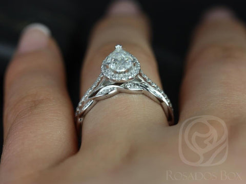 1ct Tabitha 8x5mm & Ember 14kt Gold Moissanite Diamonds Twisted Pear Halo Bridal Set - Rosados Box