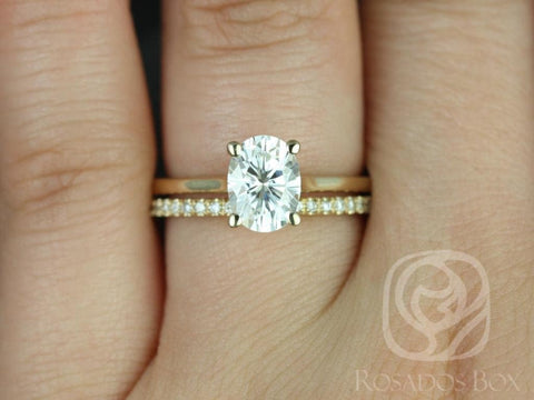 1.50ct Skinny Lois 8x6mm & Romani 14kt Moissanite Diamond Oval Solitaire Bridal Set - Rosados Box