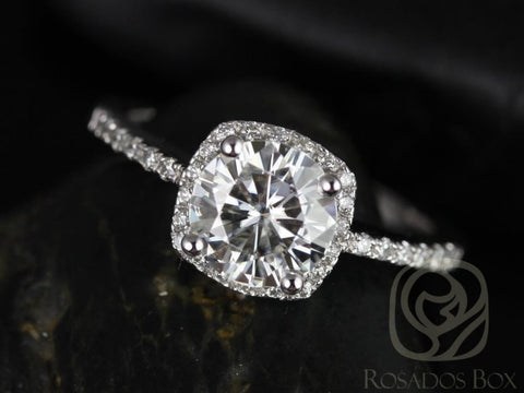 Barra 7mm 14kt Gold Round Moissanite Diamonds Thin Cushion Halo Engagement Ring - Rosados Box