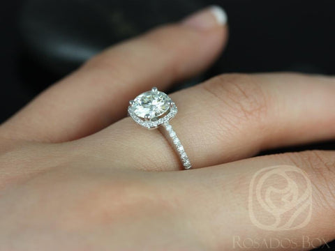 Barra 7mm 14kt Gold Round Moissanite Diamonds Thin Cushion Halo Engagement Ring - Rosados Box