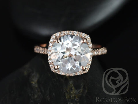Ready to Ship Barra 10mm 14kt Rose Gold Round White Topaz and Diamond Cushion Halo Engagement Ring, Rosados Box