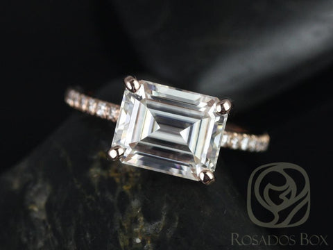 3.90ct Becca 10x8mm 14kt Rose Gold Moissanite Diamond Pave East West Horizontal Emerald Solitaire Engagement Ring