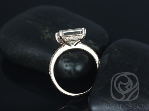 3.90ct Becca 10x8mm 14kt Rose Gold Moissanite Diamond Pave East West Horizontal Emerald Solitaire Engagement Ring