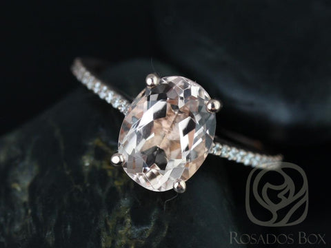 Rosados Box Ready to Ship Blake 10x8mm 14kt Solid Rose Gold Oval Morganite Diamonds Thin Cathedral Solitaire Bridal Set Rings - Rosados Box