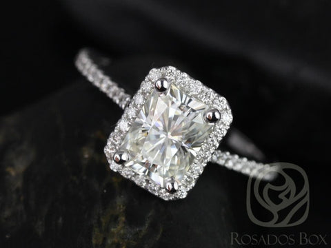 Brianna 8x6mm 14kt White Gold Radiant Forever One Moissanite Diamonds Halo Engagement Ring - Rosados Box