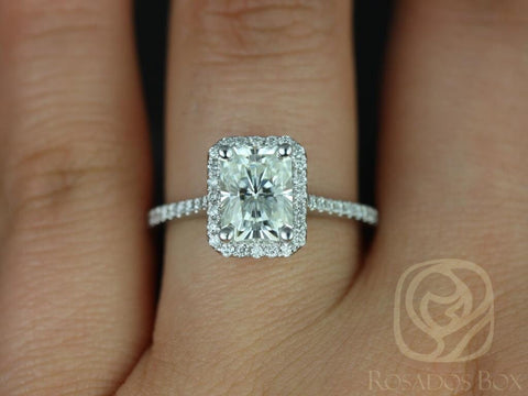 Brianna 8x6mm 14kt White Gold Radiant Forever One Moissanite Diamonds Halo Engagement Ring - Rosados Box