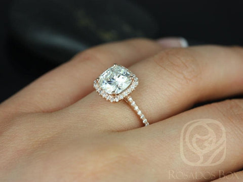 2ct Catalina 7.5mm 14kt Rose Gold Moissanite Diamond Minimalist Cushion Halo Ring,Dainty Cushion Halo Ring,Cushion Engagement Ring