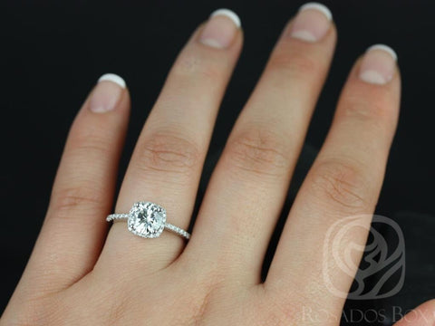 Barra 7mm 14kt Gold Round Moissanite Diamonds Thin Cushion Halo Engagement Ring - Rosados Box