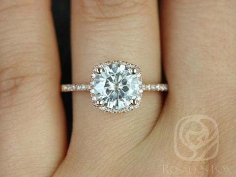 Ready to Ship Barra 8mm 14kt WHITE Gold Round Forever One Moissanite Diamonds Thin Cushion Halo Diamond Engagement Ring