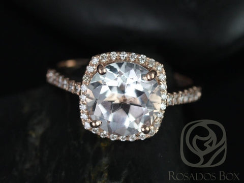 Ready to Ship Barra 9mm 14kt Rose Gold Round White Topaz and Diamonds Cushion Halo Engagement Ring