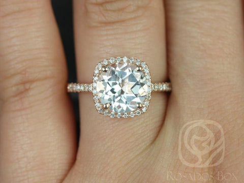 Ready to Ship Barra 9mm 14kt Rose Gold Round White Topaz and Diamonds Cushion Halo Engagement Ring