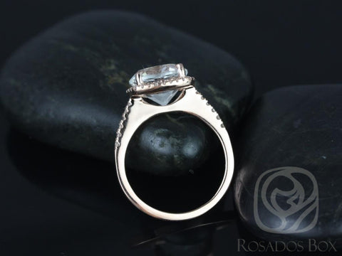 Ready to Ship Barra 10mm 14kt Rose Gold Round White Topaz and Diamond Cushion Halo Engagement Ring, Rosados Box