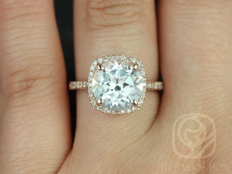 Ready to Ship Barra 10mm 14kt Rose Gold Round White Topaz and Diamond Cushion Halo Engagement Ring, Rosados Box