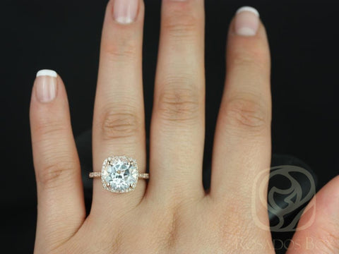 Ready to Ship Barra 10mm 14kt Rose Gold Round White Topaz and Diamond Cushion Halo Engagement Ring, Rosados Box