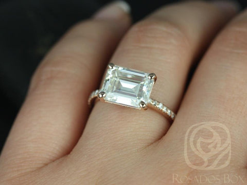3.90ct Becca 10x8mm 14kt Rose Gold Moissanite Diamond Pave East West Horizontal Emerald Solitaire Engagement Ring
