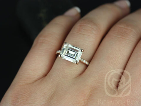 3.90ct Becca 10x8mm 14kt Rose Gold Moissanite Diamond Pave East West Horizontal Emerald Solitaire Engagement Ring
