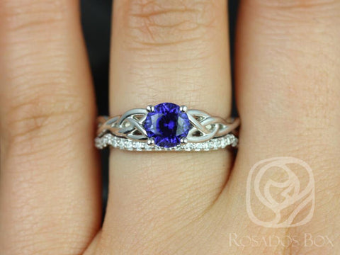 Cassidy 6mm 14kt Solid White Gold Round Blue Sapphire & Diamond Celtic Love Knot Triquetra Bridal Set - Rosados Box
