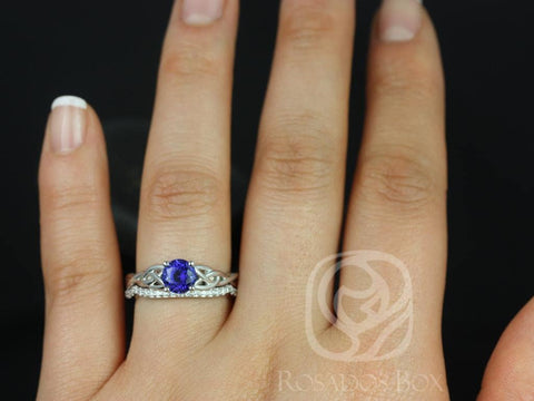 Cassidy 6mm 14kt Solid White Gold Round Blue Sapphire & Diamond Celtic Love Knot Triquetra Bridal Set - Rosados Box