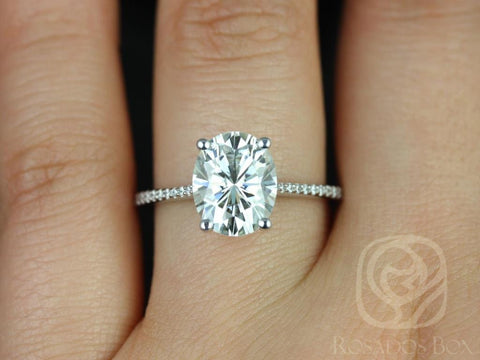3cts Blake 10x8mm 14kt Gold Moissanite Diamond Pave Oval Solitaire with Accents Ring - Rosados Box