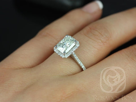 Brianna 8x6mm 14kt White Gold Radiant Forever One Moissanite Diamonds Halo Engagement Ring - Rosados Box