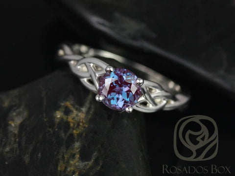 Cassidy 6mm 14kt Solid White Gold Alexandrite Dainty Celtic Love Knot Triquetra Unique Round Solitaire Engagement Ring - Rosados Box