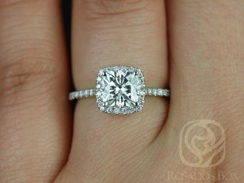 1.30ct Catalina 6.5mm 14kt Moissanite Diamond Dainty Cushion Halo Ring - Rosados Box