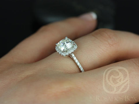 1.30ct Catalina 6.5mm 14kt Moissanite Diamond Dainty Cushion Halo Ring - Rosados Box