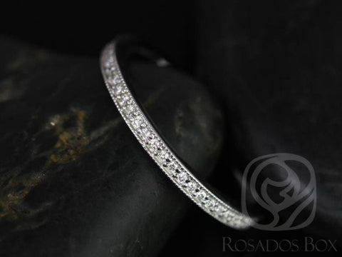 Victoria 14kt White Gold Thin WITH Milgrain Pave Diamonds ALMOST Eternity Ring - Rosados Box