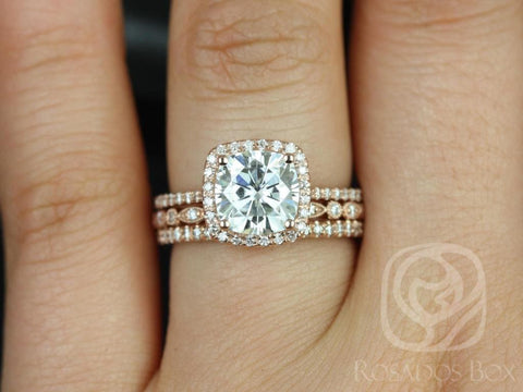 2ct Catalina 7.5mm & Gwen 14kt Rose Gold Forever One Moissanite Diamonds Cushion Halo TRIO Bridal Set - Rosados Box