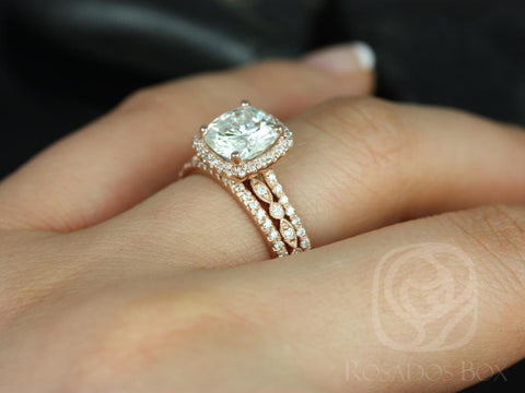 2ct Catalina 7.5mm & Gwen 14kt Rose Gold Forever One Moissanite Diamonds Cushion Halo TRIO Bridal Set - Rosados Box