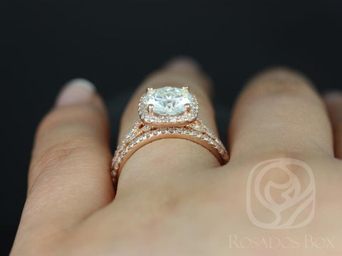 2ct Catalina 7.5mm & Gwen 14kt Rose Gold Forever One Moissanite Diamonds Cushion Halo TRIO Bridal Set - Rosados Box
