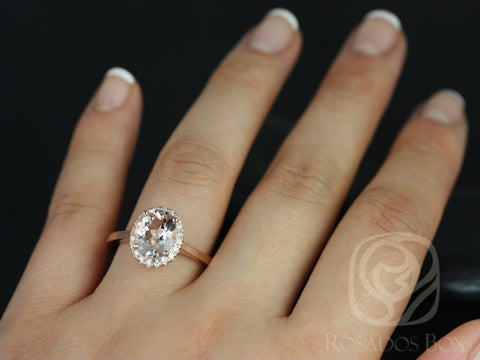 Ready to Ship Celeste 14kt Rose Gold 10x8mm Oval Morganite and Diamonds Halo Engagement Ring, Rosados Box