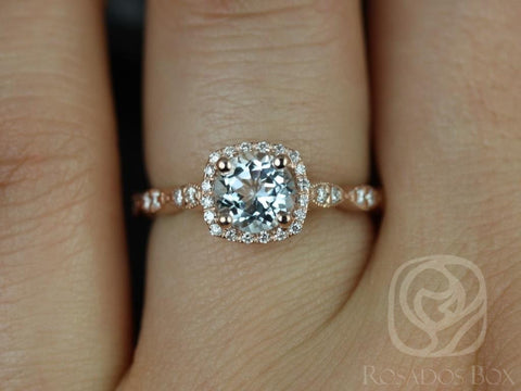 Christie 6mm 14kt Gold Aquamarine Diamond WITH Milgrain Art Deco Cushion Halo Ring - Rosados Box