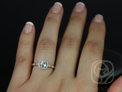 Christie 6mm 14kt Gold Aquamarine Diamond WITH Milgrain Art Deco Cushion Halo Ring - Rosados Box