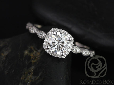 0.75ct Christie 6mm 14kt WITH Milgrain Moissanite Diamond Cushion Halo Ring - Rosados Box