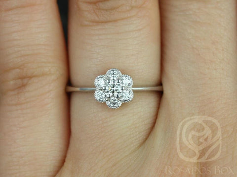 Ready to Ship Daisy 18kt White Gold WITH Milgrain Diamond Flower Cluster Ring, Rosados Box - Rosados Box