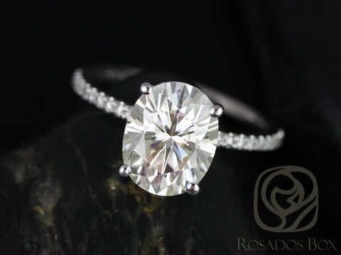 3ct Darcy 10x8mm 14kt Gold Moissanite Diamond Ultra Dainty Pave Oval Solitaire Ring