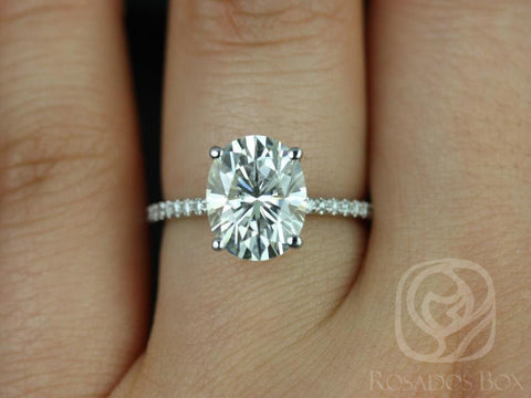3ct Darcy 10x8mm 14kt Gold Moissanite Diamond Ultra Dainty Pave Oval Solitaire Ring