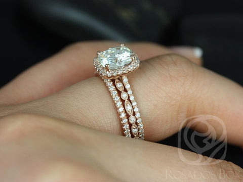 2ct Catalina 7.5mm & Gwen 14kt Rose Gold Forever One Moissanite Diamonds Cushion Halo TRIO Bridal Set - Rosados Box