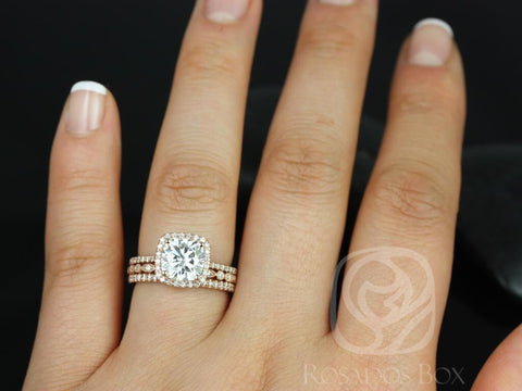2ct Catalina 7.5mm & Gwen 14kt Rose Gold Forever One Moissanite Diamonds Cushion Halo TRIO Bridal Set - Rosados Box