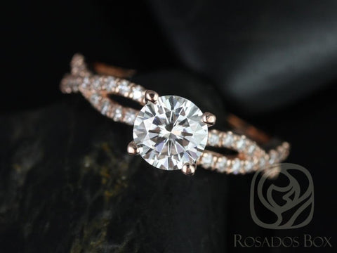 1ct Chloe 6.5mm 14kt Gold Moissanite Diamond Crossover Twisted Round Engagement Ring - Rosados Box