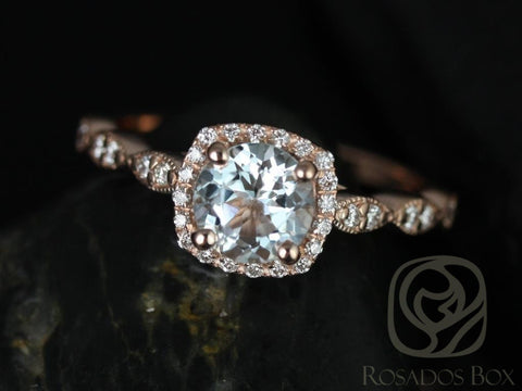 Christie 6mm 14kt Gold Aquamarine Diamond WITH Milgrain Art Deco Cushion Halo Ring - Rosados Box