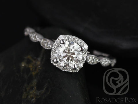 3/4ct Christie 14kt Solid White Gold Round Diamond Art Deco Vintage Pave Cushion Halo WITH Milgrain Engagement Ring - Rosados Box