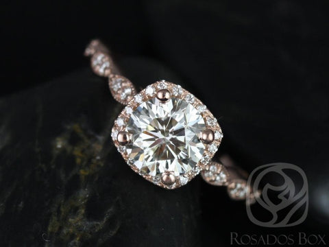 Rosados Box Ready to Ship Christie 8mm 14kt WHITE Gold Forever One Moissanite Diamond Halo WITH Milgrain Engagement Ring
